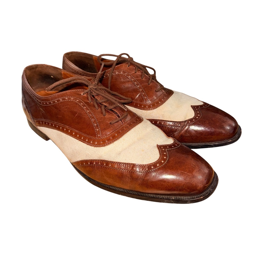 Vtg. San Remo Wingtip Oxford Mens 13M Pre-Owned Dress Shoe Brown Leather Canvas - Picture 3 of 16